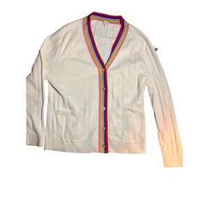 KULE The Binx Cardigan Cream Rainbow Sz M V Neck Striped Preppy Classic Travel